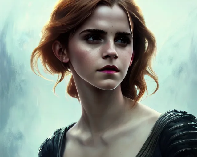 Image similar to photography of emma watson as black widow, deep focus, d & d, fantasy, intricate, elegant, highly detailed, digital painting, artstation, concept art, matte, sharp focus, illustration, hearthstone, art by artgerm and greg rutkowski and alphonse mucha