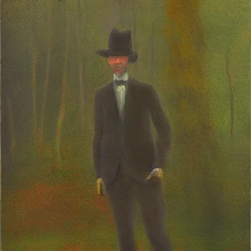 Prompt: tonalism slim tall man in the woods