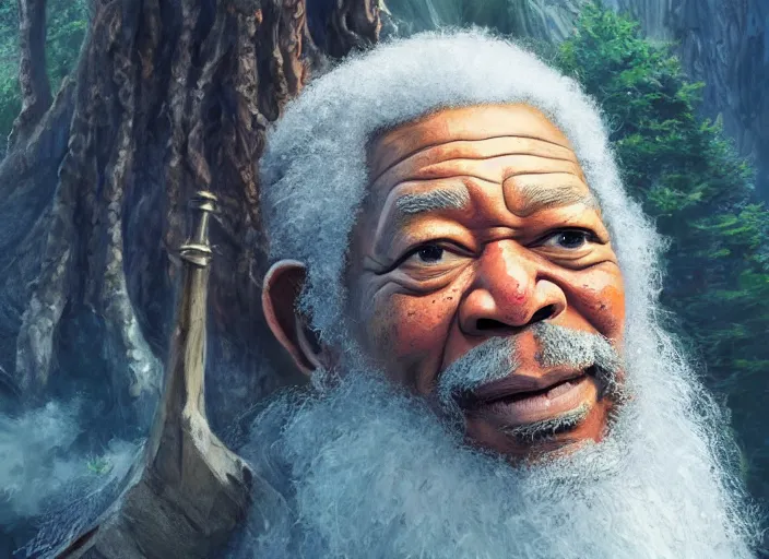 Prompt: morgan freeman starring as gimli in lord of the rings, cartoonish cute, pine trees, magical atmosphere, trending on artstation, 3 0 mm, by noah bradley trending on artstation, deviantart, high detail, stylized portrait