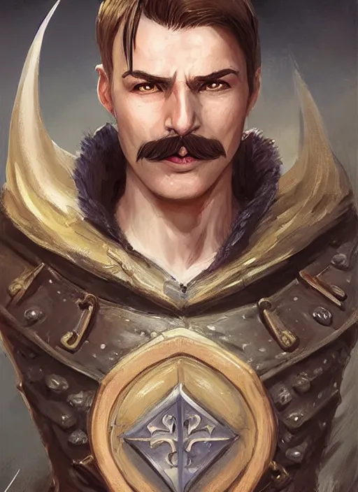 Prompt: young man with short white combover hair and moustache, dndbeyond, bright, colourful, realistic, dnd character portrait, full body, pathfinder, pinterest, art by ralph horsley, dnd, rpg, lotr game design fanart by concept art, behance hd, artstation, deviantart, hdr render in unreal engine 5