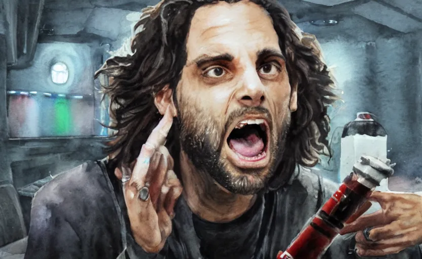 Image similar to an accurate realistic star wars watercolor fantasy concept art of a drug dealer that looks like chris d'elia yelling angrily in a sleazy futuristic bar of coruscant, hq, 4 k