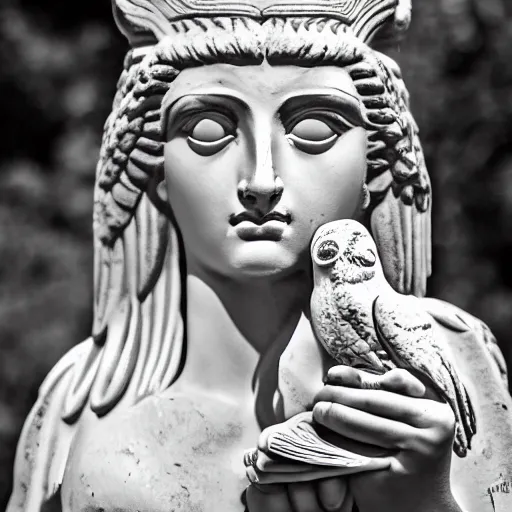 Image similar to Athen goddess of war staring at her small owl, she has a spear in her hand. macro 50mm leica noctilux wide angle lens photo.