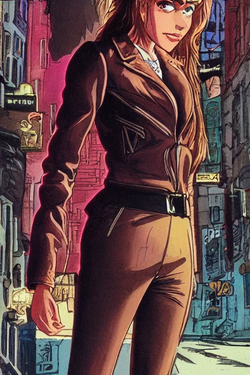 Image similar to portrait of an attractive young female protagonist, center focus, wearing leather jacket, in city street, detailed artwork by ralph bakshi