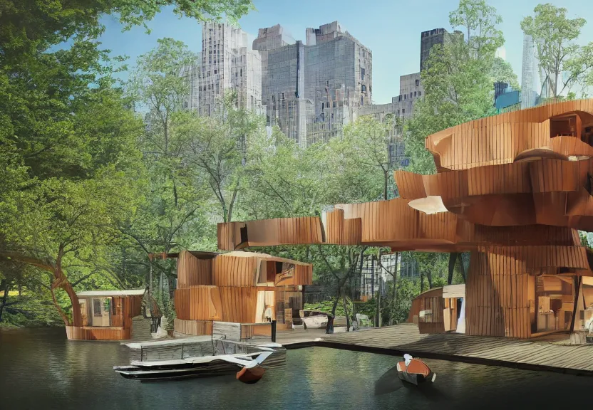 Image similar to a high resolution rendering of a mid century modern treehouse floating above new york city designed by frank gehry