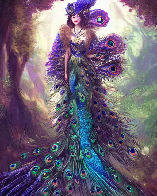 Prompt: Peacock, Anthropomorphized, wearing noble dress, looking majestic in forest, portrait, magic the gathering artwork, D&D, fantasy, cinematic lighting, centered, symmetrical, highly detailed, digital painting, artstation, concept art, smooth, sharp focus, illustration, volumetric lighting, epic Composition, 8k, art by Akihiko Yoshida and Greg Rutkowski and Craig Mullins, oil painting, cgsociety