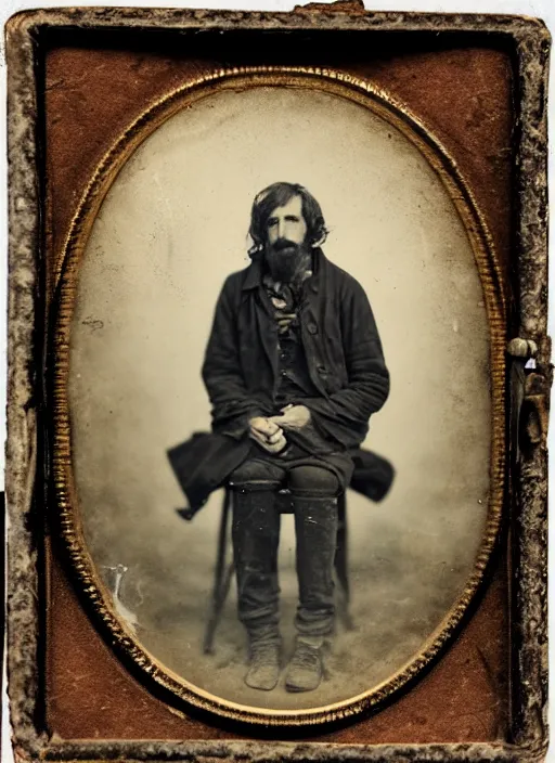 Prompt: Daguerreotype of a homeless man in shaggy clothes, classical portrait