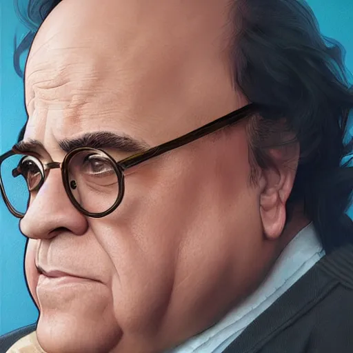 Image similar to portrait of danny devito, highly detailed, digital painting, artstation, concept art, sharp focus, illustration, art by artgerm and greg rutkowski and alphonse mucha