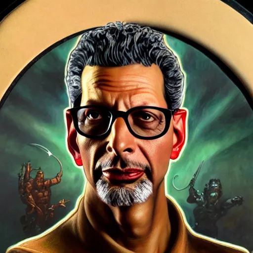 Image similar to full portrait of jeff goldblum as duke nukem, fantasy, d & d, intricate, detailed, by by alphonse mucha, adolfo hohenstein, alice russell glenny, stanley artgerm lau, greg rutkowski, detailed, trending on artstation, trending on artstation, smooth