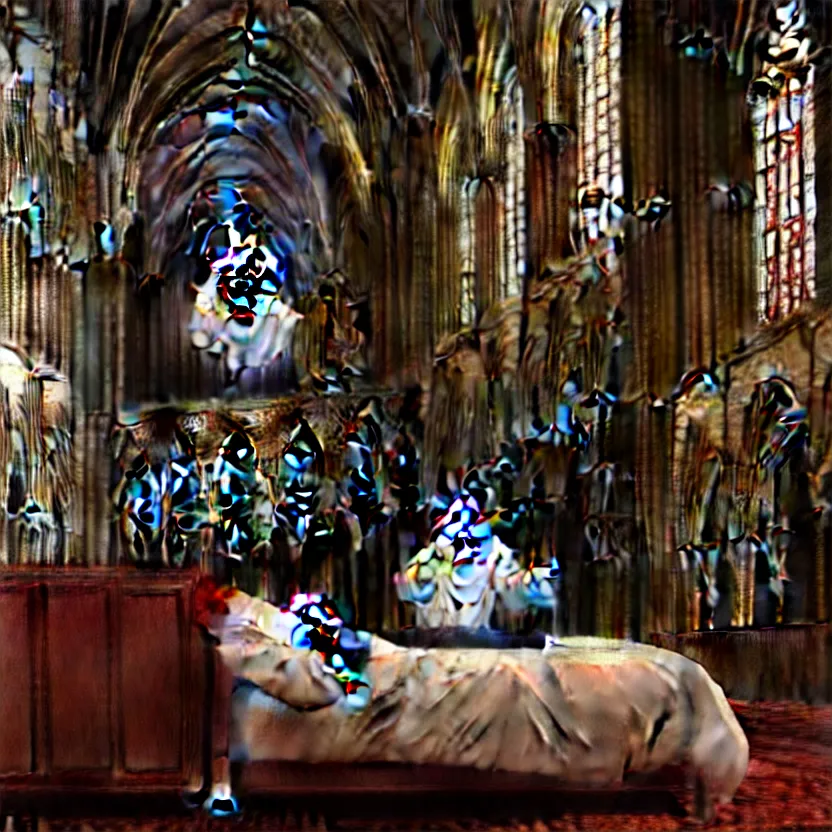 Image similar to a portrait of man sitting in a bed, screaming. the bed is inside a gothic cathedral. under the bed is a hideous laughing demon dressed as a catholic priest. digital art, hyperrealistic, nightmare, terrifying, supernatural, highly detailed, creepy