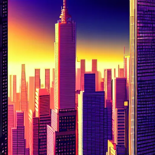 Image similar to high buildings, sunrise, scenery wallpaper aesthetic, anime style, closeup view, sharp focus, beautiful, cinematic, dramatic, super detailed and intricate, hyper realistic, 4 k render, by satoshi kon, by koson ohara, by darwyn cooke