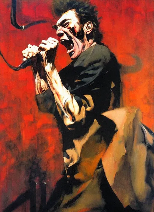 Image similar to 'kramer on stage screaming, enraged, painting by phil hale, 'action lines'!!!, graphic style, visible brushstrokes, motion blur, blurry