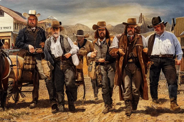 Prompt: a busy main street in the old west with the banker - phillip - seymour - hoffman and two rugged bandits, in the style of an oil painting, realistic, detailed