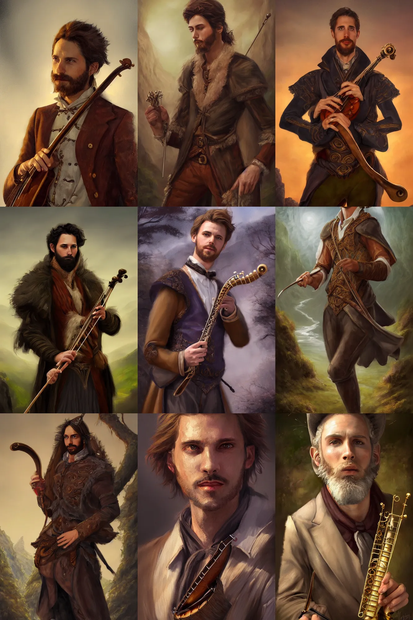 Image similar to a full body high detail fantasy portrait oil painting illustration of a single elegant male bard by justin sweet with face and body clearly visible, in a scenic background, visible pupils, realistic proportions, d & d, rpg, forgotten realms, artstation trending, high quality, sombre mood, artstation trending, muted colours, entire person visible!