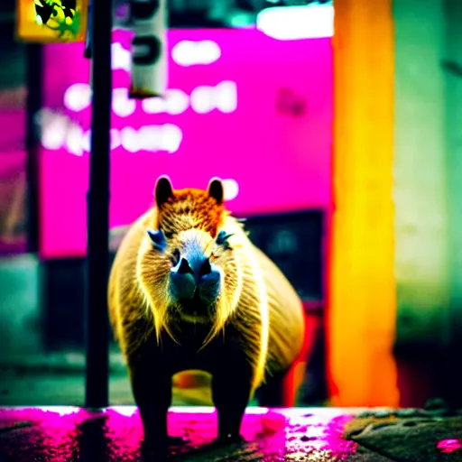 Image similar to capybara drinking bubble tea in cyberpunk, neon, pink and cyan seoul, detailed, street photography