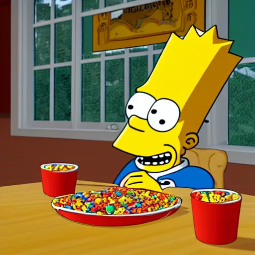 Image similar to Bart Simpson as a real boy eating Fruit Loops, 4K, UE5, 3D, high quality textures, award winning