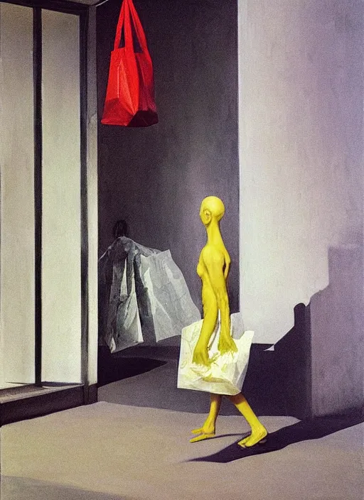 Image similar to man in a translucent dress made from plastic bag with paper bags for clothes standing inside paper bags with paper bag over the head at store display Edward Hopper and James Gilleard, Zdzislaw Beksinski, highly detailed