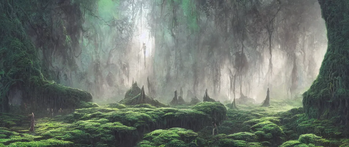 Prompt: closeup of magic gate in the forest, moss plants, iridescent shimmering pools, pyramids in the desert, floating stones, cascading iridescent waterfalls, dimension of infinite space, by beksinski, greg rutkowski, wlop, artgerm, andrei riabovitchev, nuri iyem, james gurney, james jean, highly detailed, soft lighting, 8k resolution, oil on canvas