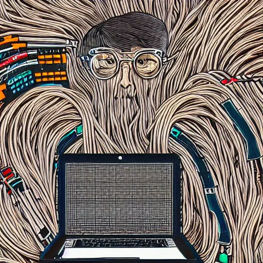 Image similar to illustration of a boy connected to his laptop with hundreds of wires, highly detailed, by ghibli, butcher billy, mcbess, rutkowski, james jean, 8 k, photorealistic