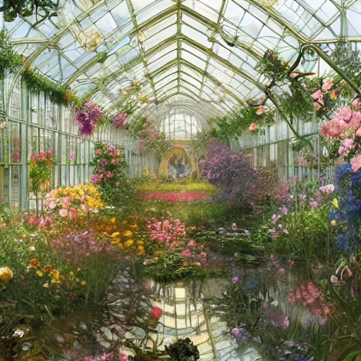 Prompt: a beautifull intricate greenhouse with many flowers, reflexions, verry high details by william turner art, greg rutkowski and alphonse mucha, and moebius, trending on artstation, very very detailed, masterpiece, - h 7 0 4