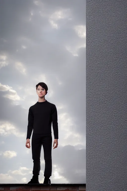 Image similar to un ultra high definition studio quality photographic art portrait of a young man standing on the rooftop of a british apartment building wearing soft padded silver pearlescent clothing. three point light. extremely detailed. golden ratio, ray tracing, volumetric light, shallow depth of field. set dressed.