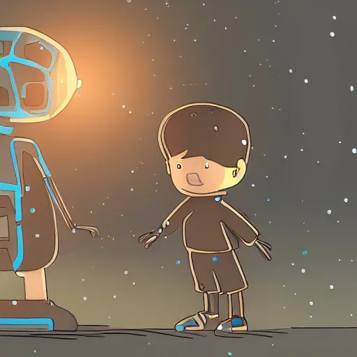 Prompt: A boy holding hands with a female robot, trending on art station science fiction