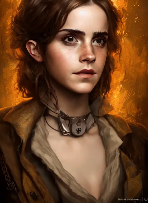 Image similar to steampunk portrait of emma watson, au naturel, hyper detailed, digital art, trending in artstation, cinematic lighting, studio quality, smooth render, unreal engine 5 rendered, octane rendered, art style by klimt and nixeu and ian sprigger and wlop and krenz cushart.