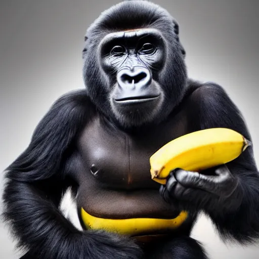 Image similar to a gorilla is a space suit traveling to outer space with his banana friend