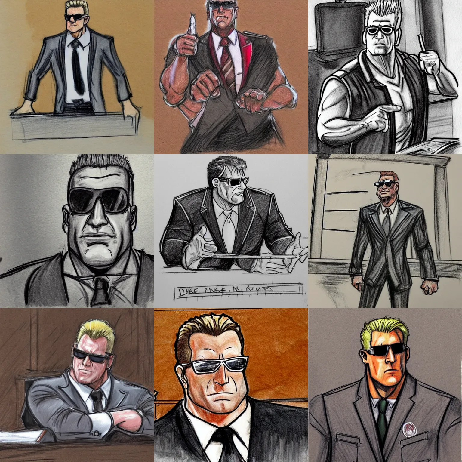 Prompt: courtroom sketch of duke nukem in court flexing on the jury, court sketch, duke nukem, courtroom, smug