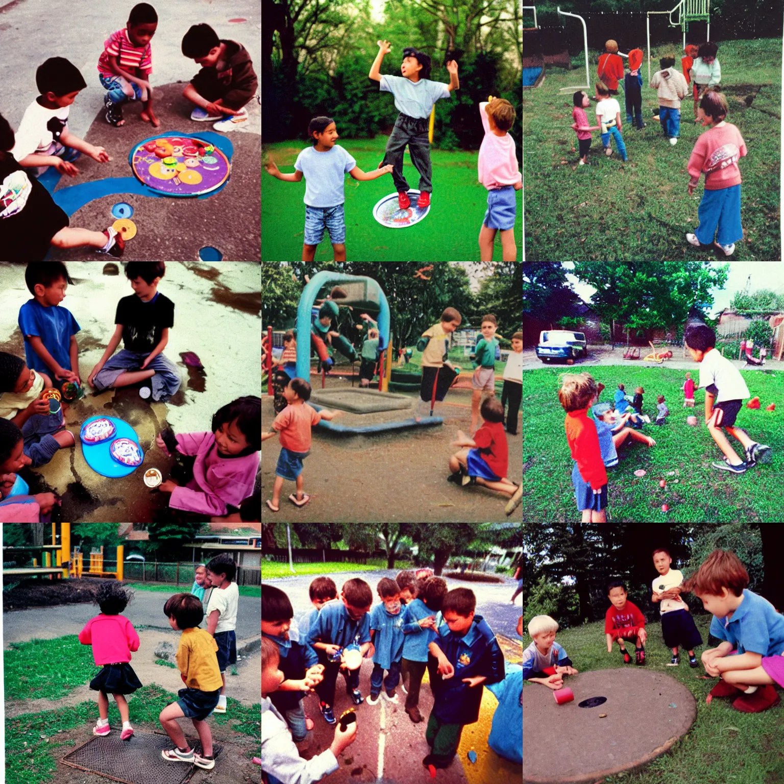 Prompt: children playing with pogs, 1 9 9 0 s school playground photo taken by disposable camera, developed 3 5 mm film
