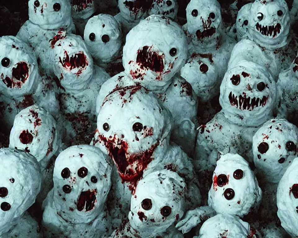 Image similar to a horror movie poster featuring zombie snowmen wearing army helmets