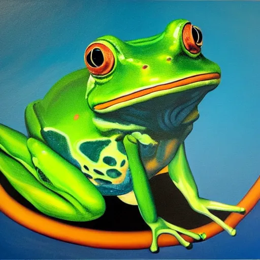 Prompt: a painting of a frog and the universe in the style of Renee Magritte