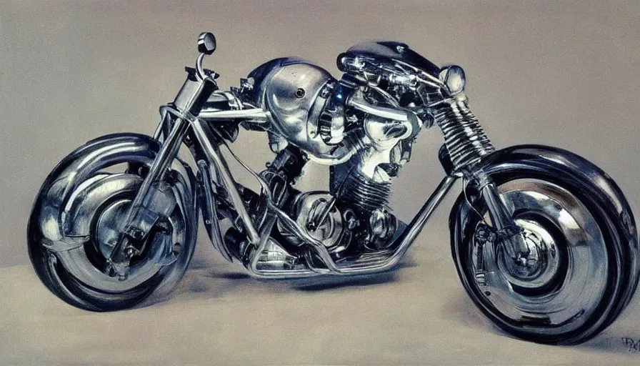 Image similar to painting by borremans, motorbike from tron movie in front of the mirror, detailed, stunning