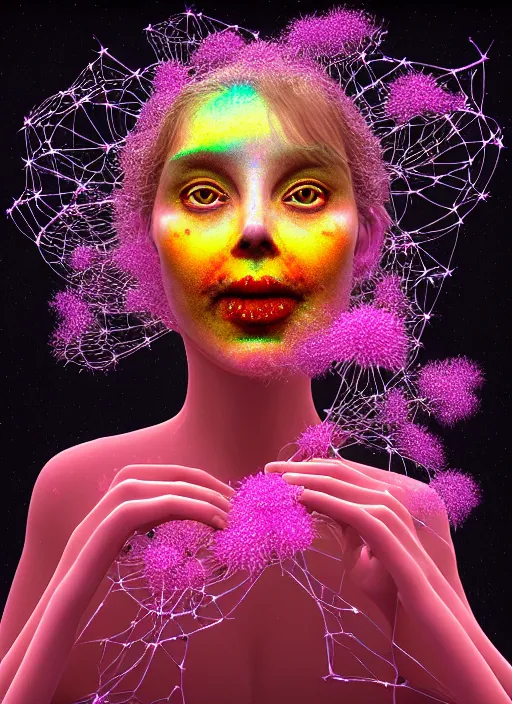 Image similar to hyper detailed 3d render like a Oil painting - Aurora (Singer) seen Eating of the Strangling network of yellowcake aerochrome and milky Fruit and Her delicate Hands hold of gossamer polyp blossoms bring iridescent fungal flowers whose spores black the foolish stars to her kawaii mouth by Jacek Yerka, Mariusz Lewandowski, Houdini algorithmic generative render, Abstract brush strokes, Masterpiece, Edward Hopper and James Gilleard, Zdzislaw Beksinski, Mark Ryden, Wolfgang Lettl, hints of Yayoi Kasuma, octane render, 8k