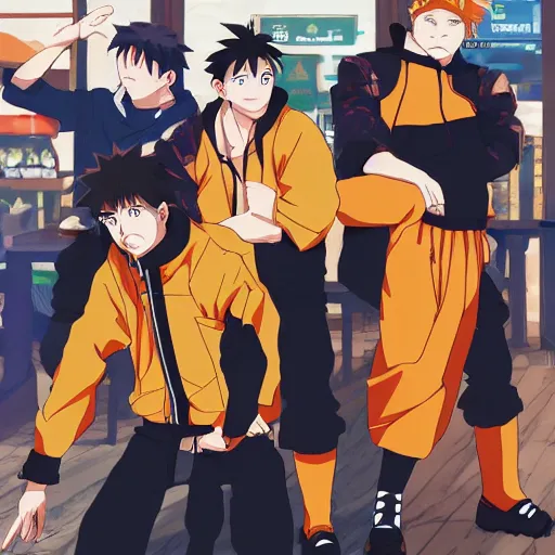 Image similar to a group of guys, named lampova hanging out in pub in the style of the anime naruto