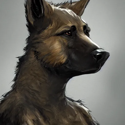 Prompt: a humanoid german shepherd beast - man in military style, sitting on the carpeted floor beside a bed, highly detailed portrait, digital painting, artstation, concept art, smooth, sharp foccus ilustration, artstation