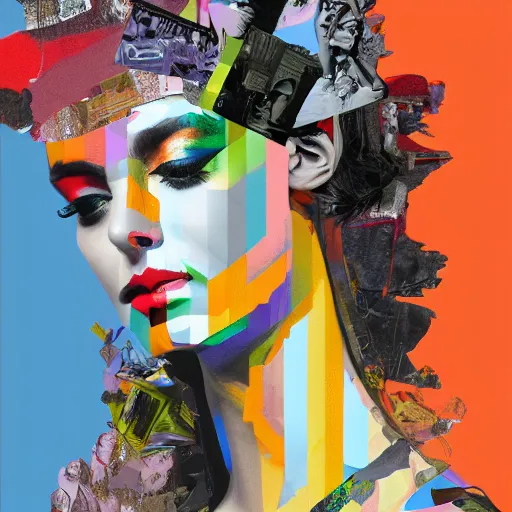 Prompt: roman goddess, contemporary collage, highly detailed, digital painting, 4 k, hdr, punk, fashion, smooth, sharp focus, art by nick knight, sandra chevrier and john hoyland