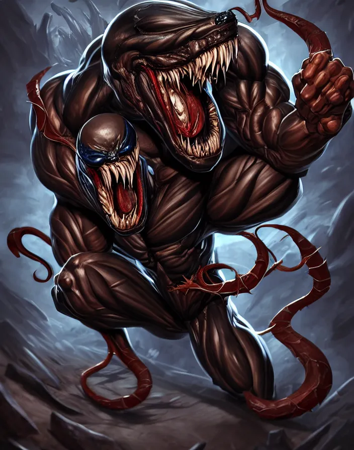 Image similar to fantastic comic cover of venom, lethal protector, muscles, muscular, veins, open mouth, angry, saliva, bigh sharp teeths, large thong, artstation, 3 d hammer modeling, hd, sharp high quality artwork in style of francesco di mattina, marko djurdjeviv, concept art, blizzard warcraft artwork, hearthstone card artwork