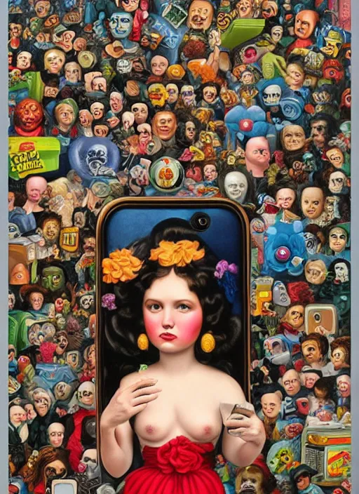 Image similar to people see a smartphone as a trash Mark Ryden and Alex Gross, Todd Schorr highly detailed