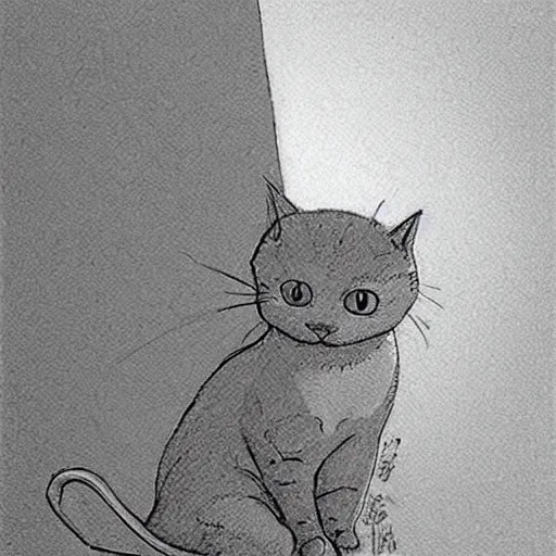 Image similar to a tiny cat casting an horrible shadow on a gigantic wall behind, detailed sketch, moebius