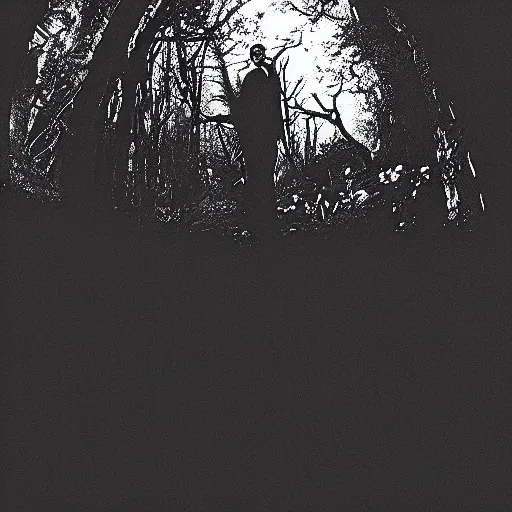 Image similar to photo of boris karloff as frankestein and bela lugosi as dracula in a forest at night, telephoto long distance shot, black and white, low light, vignette, fujifilm, creepy, dark, atmospheric, 3 5 mm, surveillance footage, fisheye