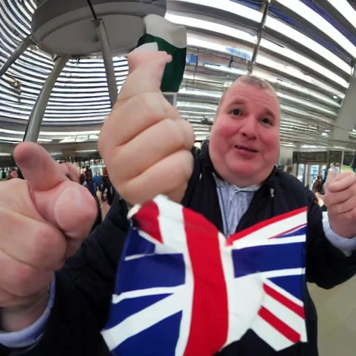 Image similar to fat middle aged british man waving british flag in shinjuku station, high resolution photo, fish eye lens, comedic