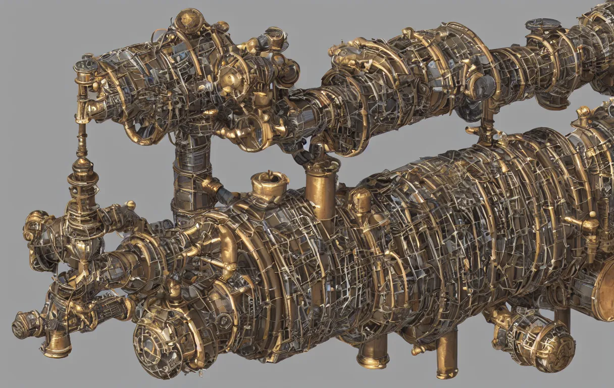 Image similar to realistic 3 d render of a steampunk pipeline with a single pipe going from the top left of the screen, to the top right, down, and going off in the bottom left of the screen