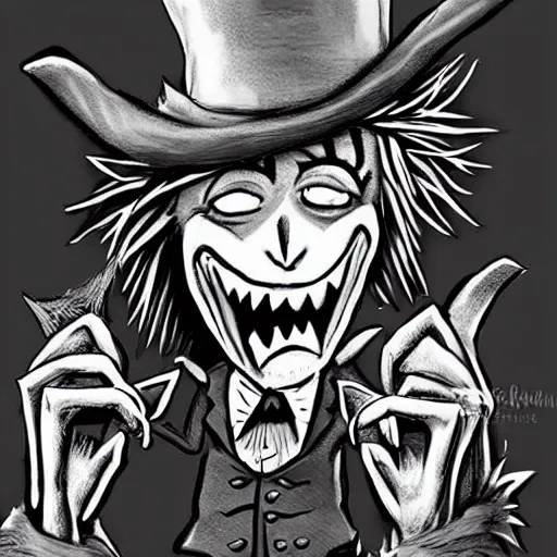 Image similar to a Pop Wonder scary horror themed goofy-hilarious-character Jack-Frost-Babadook-scarecrow-madhatter-williewonka-wearing a scarf with RED-Eyes, 3-piece-suit, dime-store-comic drawn with charcoal and pen and ink, half-tone-line-stacking