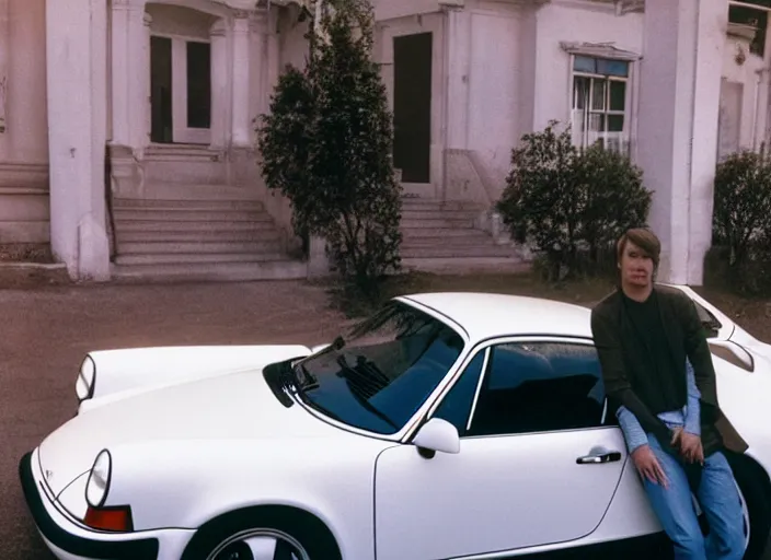 Image similar to color photo of a cool handsome photomodel with arms crossed leaning against a white porsche 9 1 1 in the 8 0's. girl beside him