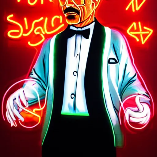 Prompt: walter white in a white tuxedo, laughing in a night club, neon lights and laser show