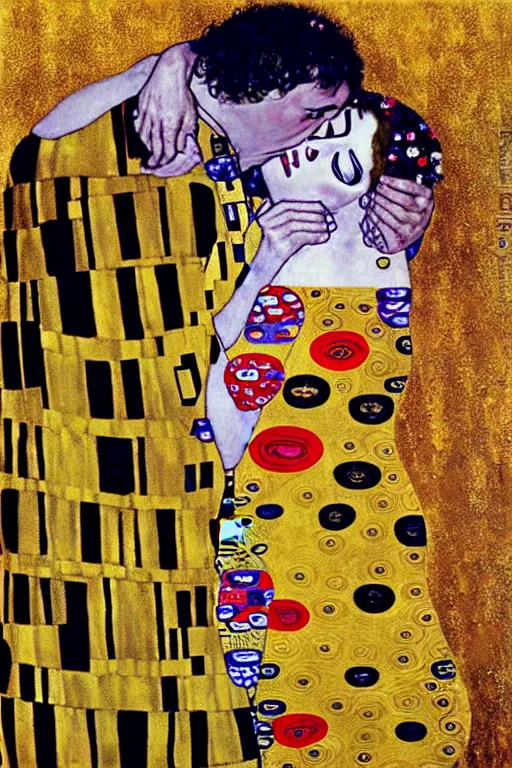 Image similar to gustav klimt the kiss with face of Nicolas Cage