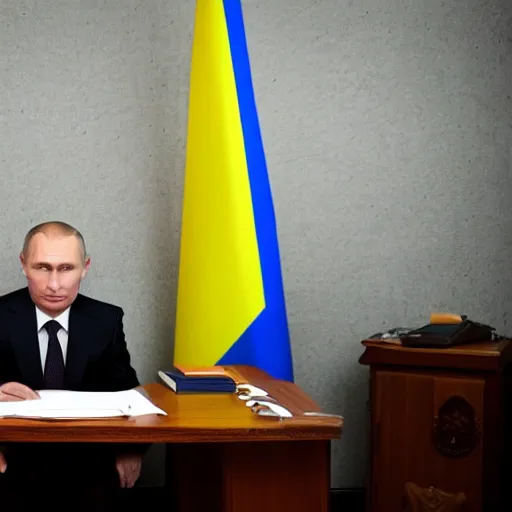 Prompt: valdimir putin sitting in a desk, a Ukrainian flag is behind him, 8k