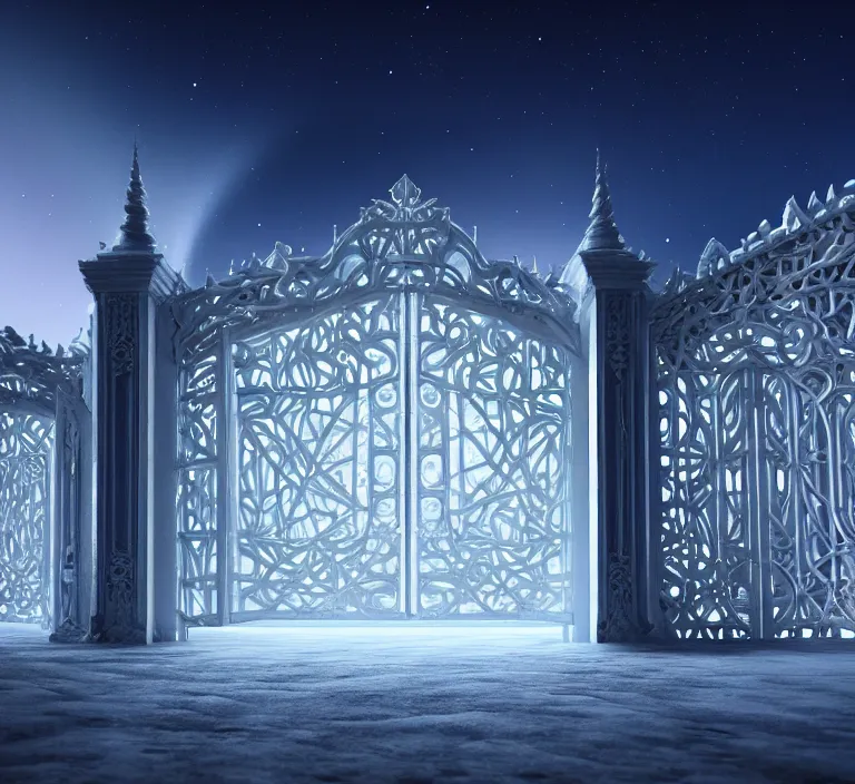 Image similar to a very detailed concept art of intricate and scandinavian white gates to aurora borealis, trending on artstation, symmetry, digital art, 4 k, hyper realistic, octane render, sharp focus