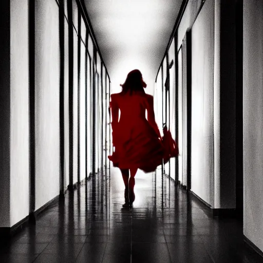 Image similar to a cinematic dramatic digital art of a woman walking through corridor. red