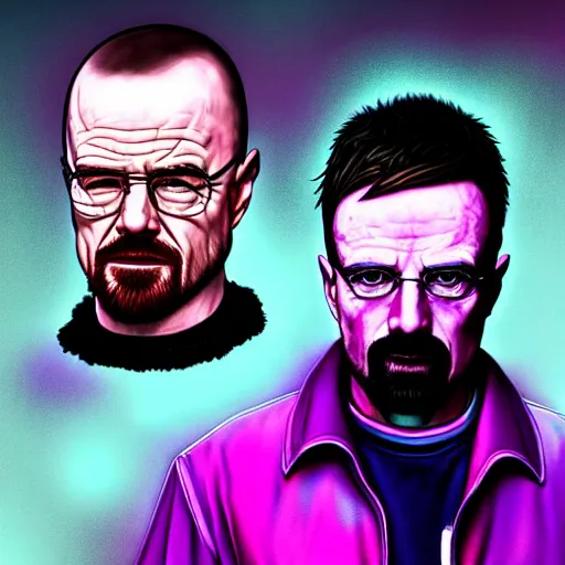 Image similar to walter white mounting jesse pinkman, and a purple coloured leather jacket, one side haircut, long brown hair with light blue ends, portrait, hyperdetailed, artstation, cgsociety, synthwave by tangerine dream, by jean - michel jarre, by vangelis, by john carpenter